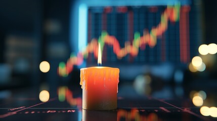 Illuminated candlestick forex chart on blue background, trade and finance concept, 3d render
