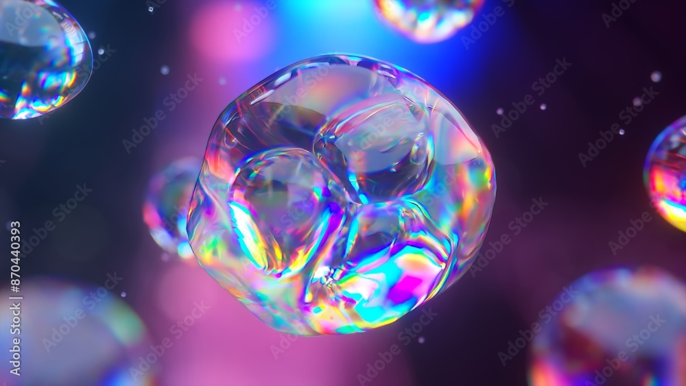 Poster 3d animation of liquid bubbles merging. the components of a macro shot combine to create a serum. a 