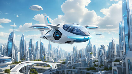  a futuristic flying car, gold and black with a sleek design.