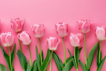 Fototapeta premium A beautiful composition of pink tulips flowers on an ivory background. A fantastic gift for Valentine's Day, Easter, Birthday, Women's Day, Mother's Day. Flat lay, top view, copy space.