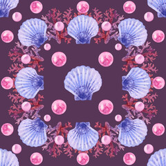 Seamless pattern Marine red corals, shiny pink pearls, shells frame Square. Watercolor illustration Underwater background. Ocean nature on purple. Summer vibes. For fabric, wrapping gift card drawn