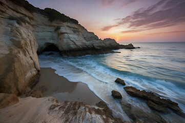 Obraz premium Amazing Sunset at Dusk Over Beautiful Abandoned Cliffside Beach Background