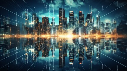 Abstract smart network  creative digital night city wallpaper with double exposure