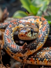 Fototapeta premium Colorful Coiled Snake Visible in Nature s Habitat