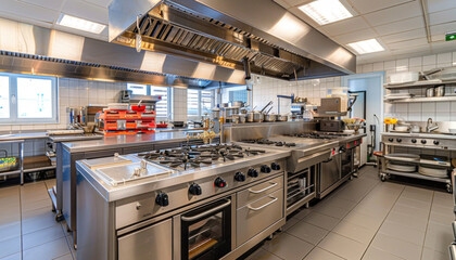 A commercial kitchen usually has many stainless steel appliances for food preparation