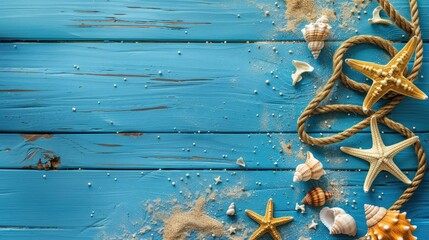A vibrant coastal-themed arrangement featuring starfish, seashells, and sand scattered on a blue wooden surface. A nautical rope lies in the bottom right corner