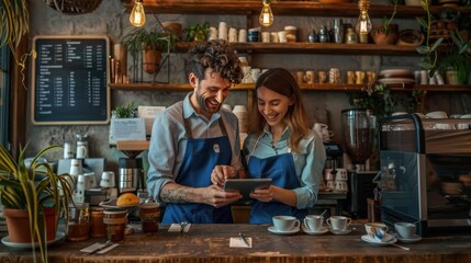 The baristas using tablet