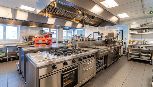 A commercial kitchen usually has many stainless steel appliances for food preparation