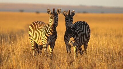 Naklejka premium Zebras in the Golden Grassland