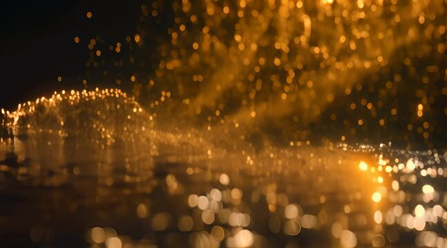 Close up and slow motion of overhead view of pouring cosmetic golden yellow colored oil into a pool of water and filling up the frame with floating oil drops against a back lit background