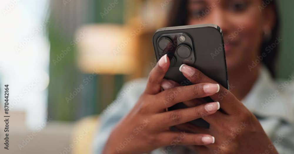Aufkleber hands, home and sofa and scroll with smartphone, communication and browse on social media or smile f