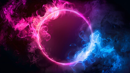 Abstract illuminated ring with glowing neon flames in blue and pink on a dark background. The fantasy fire effect creates a neon circle frame with smoke.