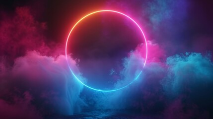3D render of an abstract cloud illuminated with neon ring lights against a dark night sky. Glowing geometric shape, round frame.