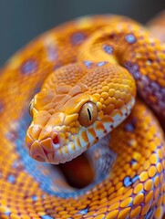 Fototapeta premium Stunning Close Up of a Vibrant Coiled Snake Revealing Its Intricate Scales and Patterns