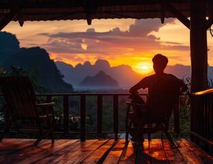 Obraz premium Picture of a woman sitting on her wooden porch extending into a high mountain cliff. There is a beautiful warm orange sunset behind her.