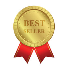 Gold award with red ribbons. Round medal Best Seller isolated on transparent background. Vector illustration EPS10