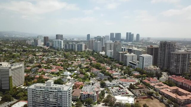 Cinematic Shot of Los Angeles, California in Westwood with Views of Century City and Beverly Hills on a Beautiful Clear Day