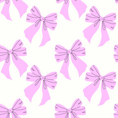 Cute seamless checkered pattern with bows. Composition with vintage bows and handmade ribbons.