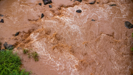 Close-up aerial view of the mighty Mekong River shows its muddy waterways flowing hard and fast...
