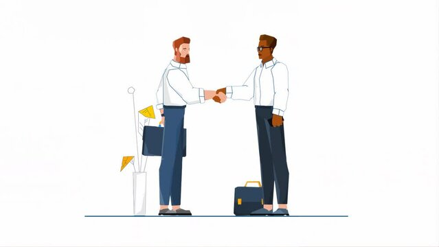 Two Men in Business Attire Shake Hands While Holding Briefcase in Office Setting 2D Illustration