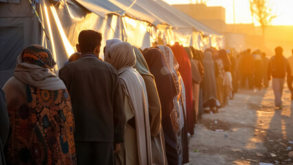 At a tent camp, refugees line up for aid and assistance in the morning light, facing uncertainty and hardship in their journey for help and hope