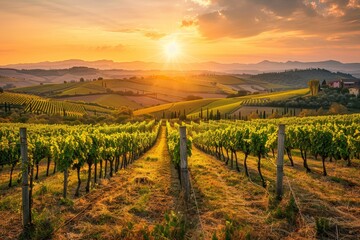 Fototapeta premium At sunset, a vineyard sits atop a hill.