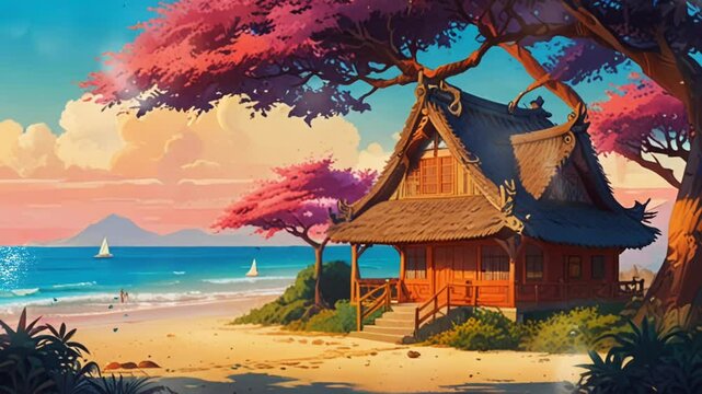 wooden house with thatched roof in asian style with beach background in anime style, in smooth looping background with 4K vidio animation.