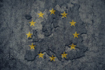 map and flag of european union on a old vintage crack paper background .