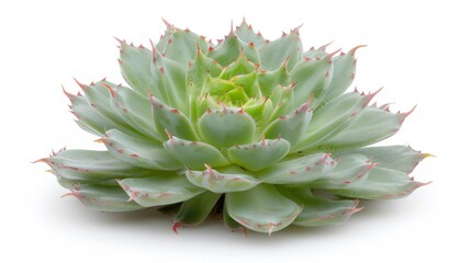 Single echeveria succulent plant with spiky leaves growing on a solid white background. The leaves of the plant are a blueish green color with pink tips