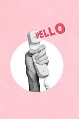 Vertical photo collage of human hand hold retro telephone handset hallo network telecommunication line isolated on painted background