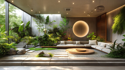 Modern villa, basement entrance stairs, basement vents, green plants.