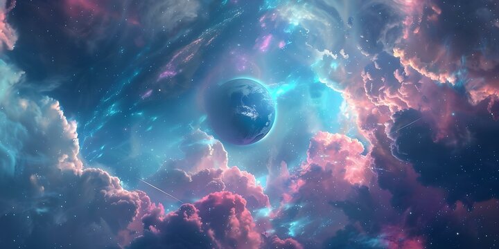 Artistic phone cover design featuring abstract clouds and planet in outer space. Concept Phone cover design, Abstract art, Cloud motif, Outer space theme - Powered by Adobe