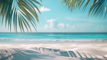 Fototapeta premium A sunny tropical beach scene with turquoise waters, a clear blue sky, and palm leaves framing the top corners. A wooden deck in the foreground adds a perfect spot for relaxation and vacation imagery