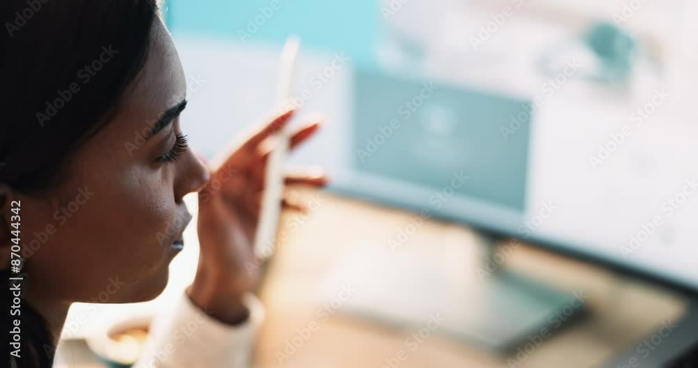 Poster Woman, thinking and working at desk for problem solving, solution and planning for business. Female entrepreneur, computer and idea in office for project, proposal and company review or report