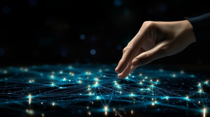 Glowing digital connections touched by human finger symbolize connectivity in dark setting