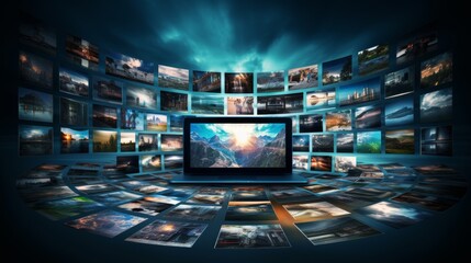 Obraz premium Artistic digital photo collection on blue backdropvision of photo album and multimedia innovation