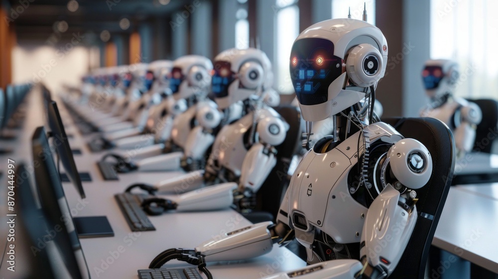 Aufkleber A row of identical AI robots sit at desks in a modern office, each focused on their task at hand. The robots have white and grey exteriors and are equipped with advanced technology