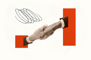 Creative collage picture human hands shake unity teamwork deal agreement businesspeople gesture...