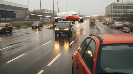 Aircraft taking off seen through airport terminal window, dynamic departure view