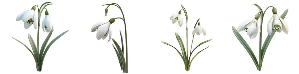 Four Snowdrop Flowers Isolated on White Background, PNG File