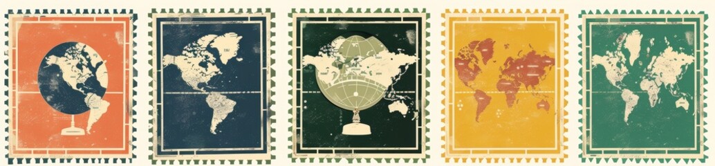 A transparent background with vintage world postage stamps in png format