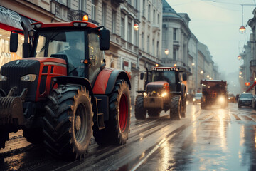 Fototapeta premium Tractors driving through city streets during rainy twilight. Urban agriculture machinery, heavy equipment, transportation, rural vehicles in urban setting.