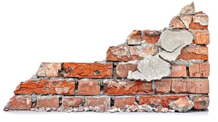 Obraz premium Brick wall that is fragile and starting to collapse isolated on white background