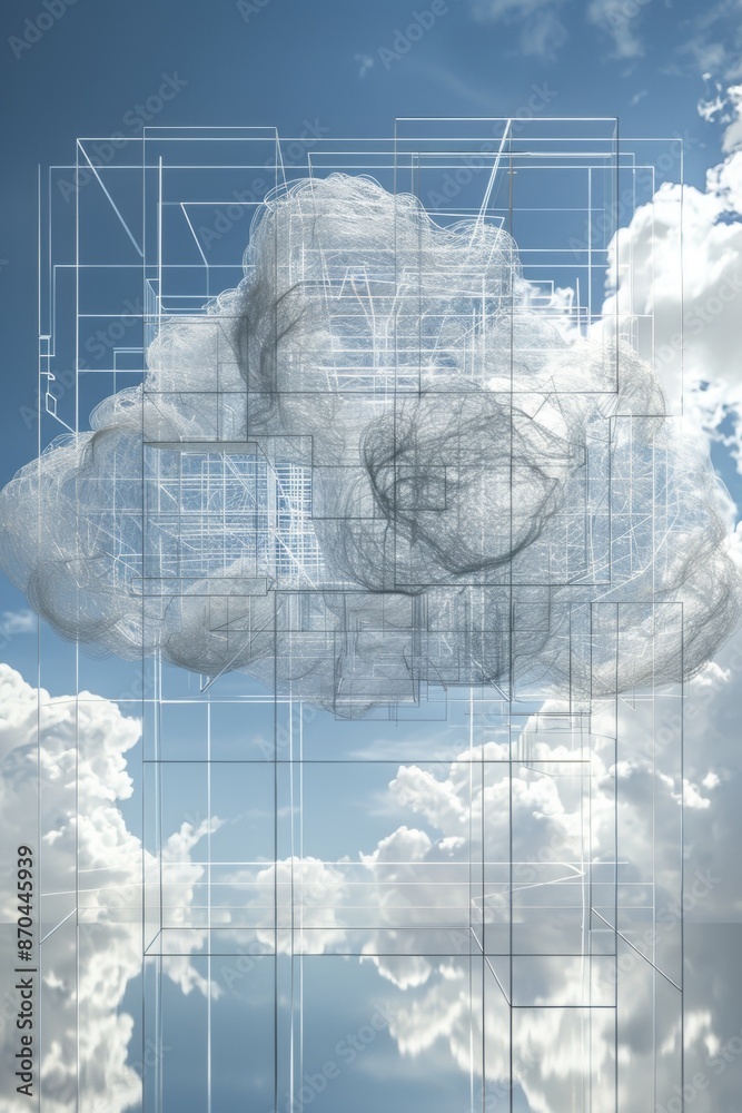 Poster a geometric cloud built from triangular wireframe elements, emphasizing its structured and modular n