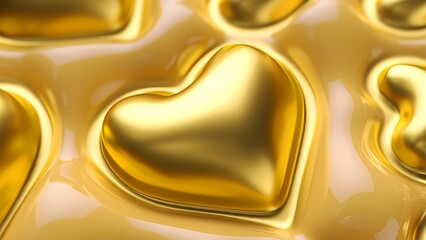3D animation of smooth golden hearts inflating and floating on a shiny surface.