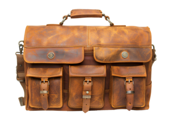 a brown leather briefcase with many pockets