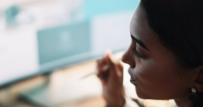 Computer, face and problem solving with business woman in office for solution or thinking closeup. Design, idea and wed development with employee at desk of creative workplace for innovation