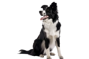 a black and white dog with its tongue out