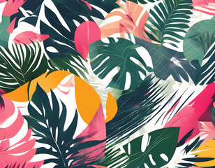 Beautiful seamless floral pattern background with palm tropical leaves and abstract forms. Abstract geometric texture.
