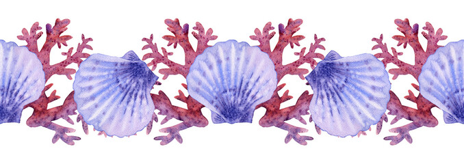 Watercolor Seashell corals seamless border. Hand drawn illustration of sea Shell. Colorful drawing of Scallop. Ocean Cockleshell marine underwater. Isolated background. For decoration, postcard.